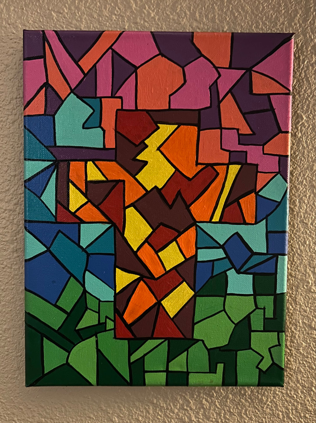 The Human Mosaic, colorful abstract acrylic painting with mosaic-like shapes in a vertical composition