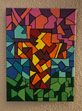 The Human Mosaic, colorful abstract acrylic painting with mosaic-like shapes in a vertical composition